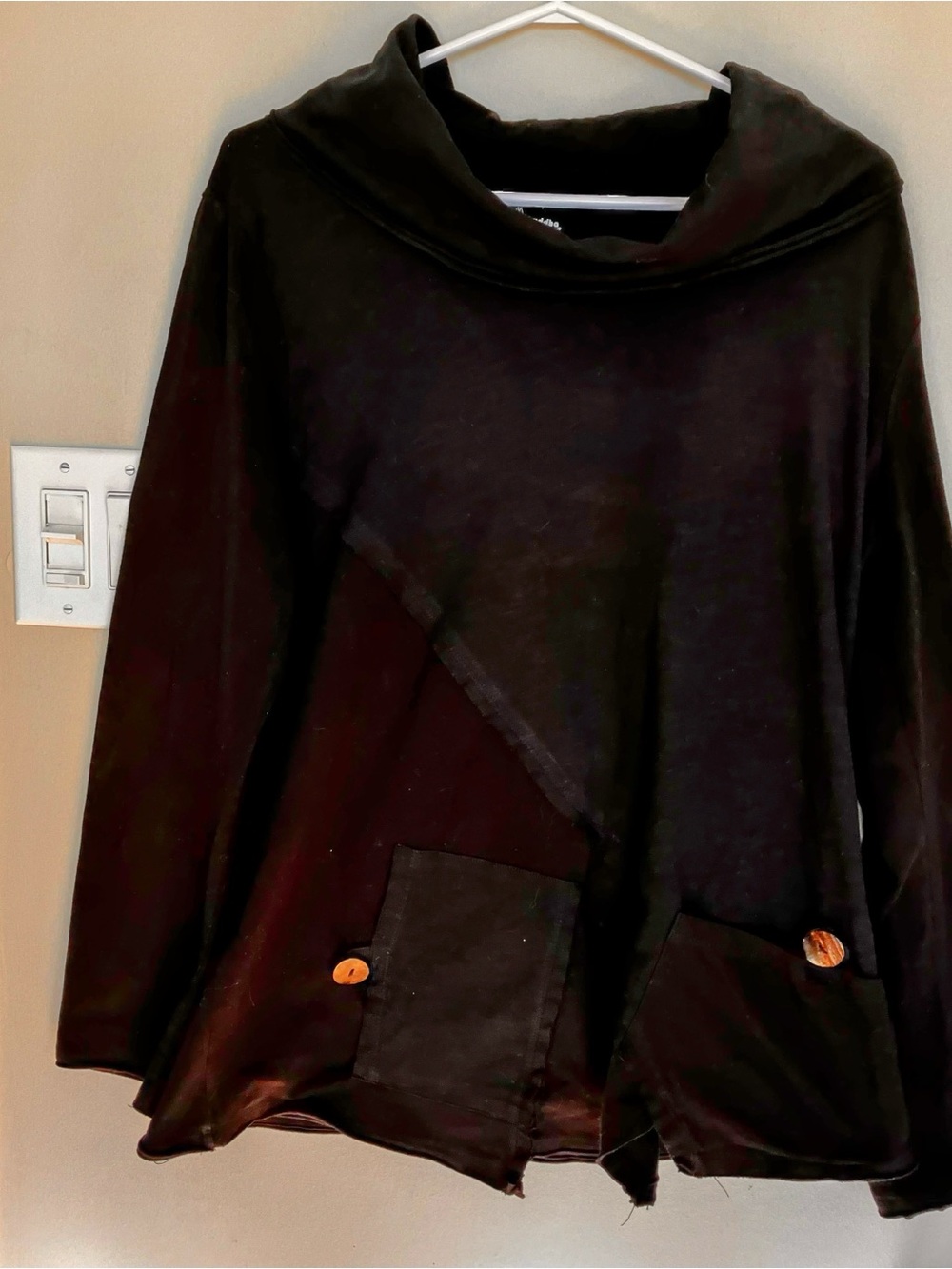 neon buddha Black Cowl Neck Pocket Sweater with Button Accents boho bohemian